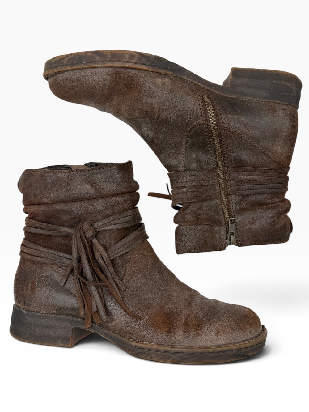 Born Brown Suede Ankle Booties with Fringe Wrap - Size 7
